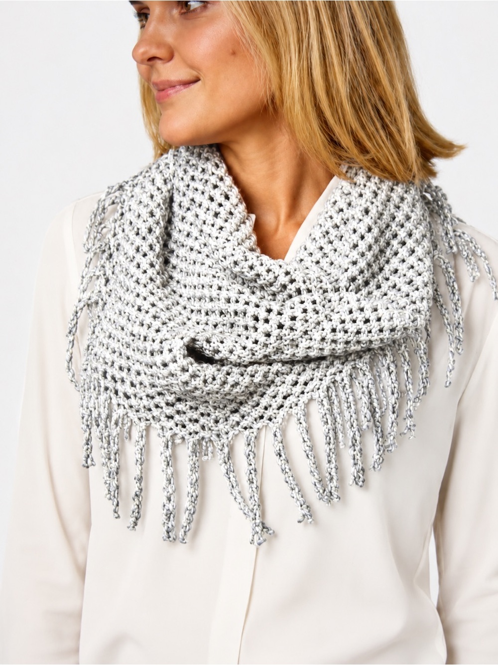 Crochet Tube Fringe Scarf in White & Gray